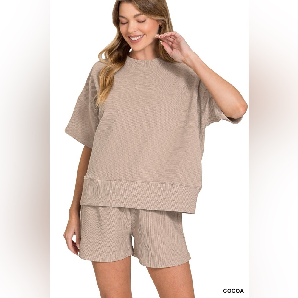 Zenana Ribbed Round Neck Waist Banded Tee & Shorts Set